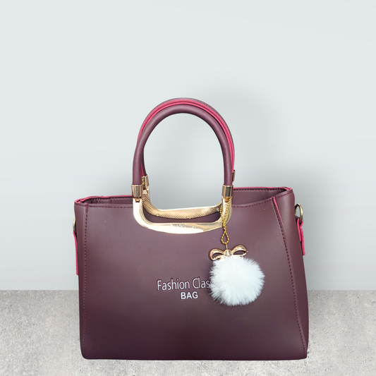Burgundy Faux Leather Tote with Pom Pom Charm