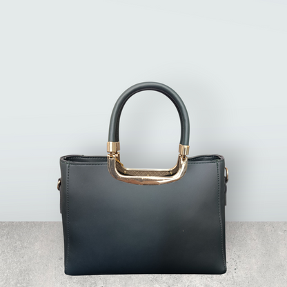Jet Black Faux Leather Tote with Pom Pom Charm