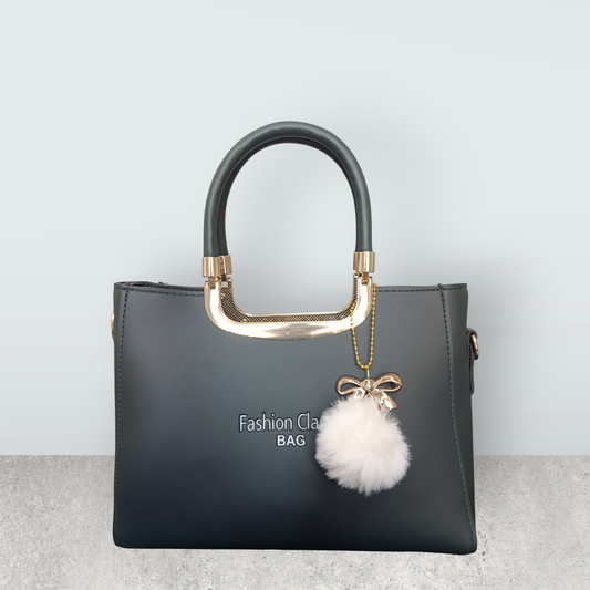 Jet Black Faux Leather Tote with Pom Pom Charm