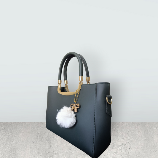 Jet Black Faux Leather Tote with Pom Pom Charm