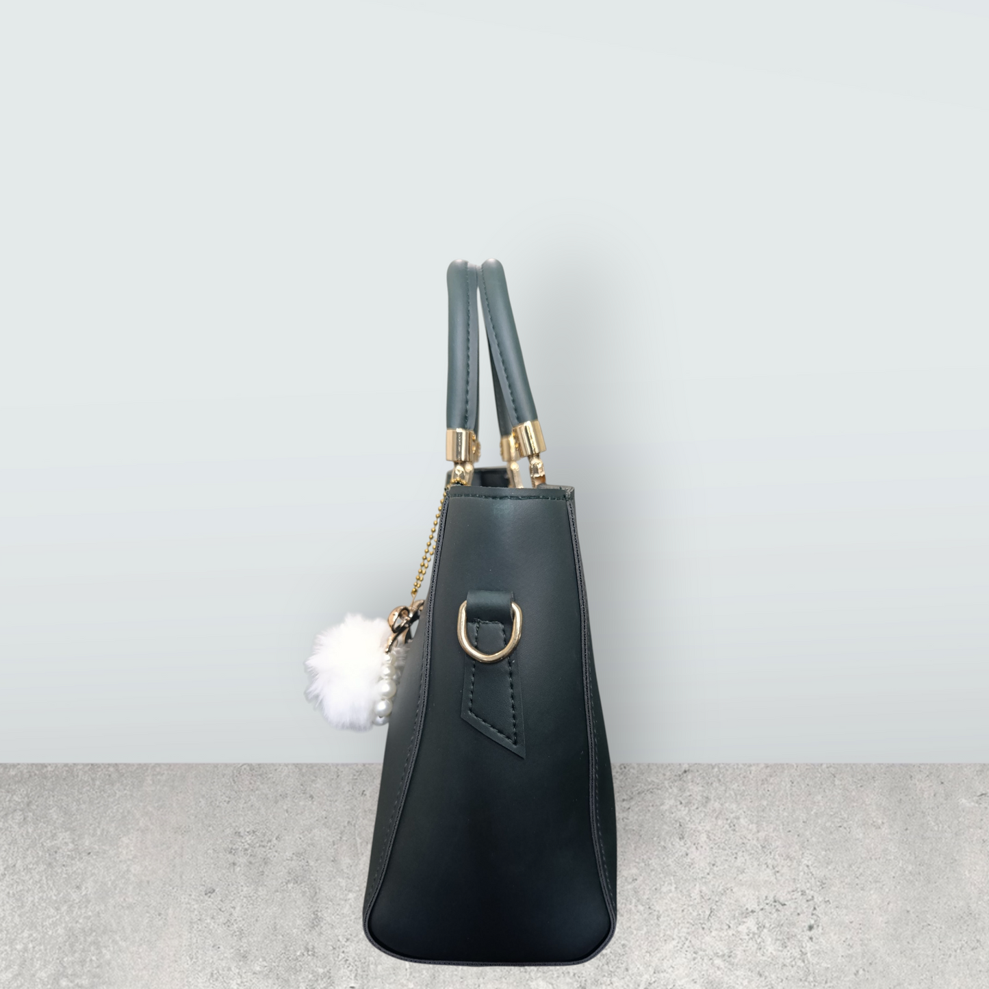 Jet Black Faux Leather Tote with Pom Pom Charm