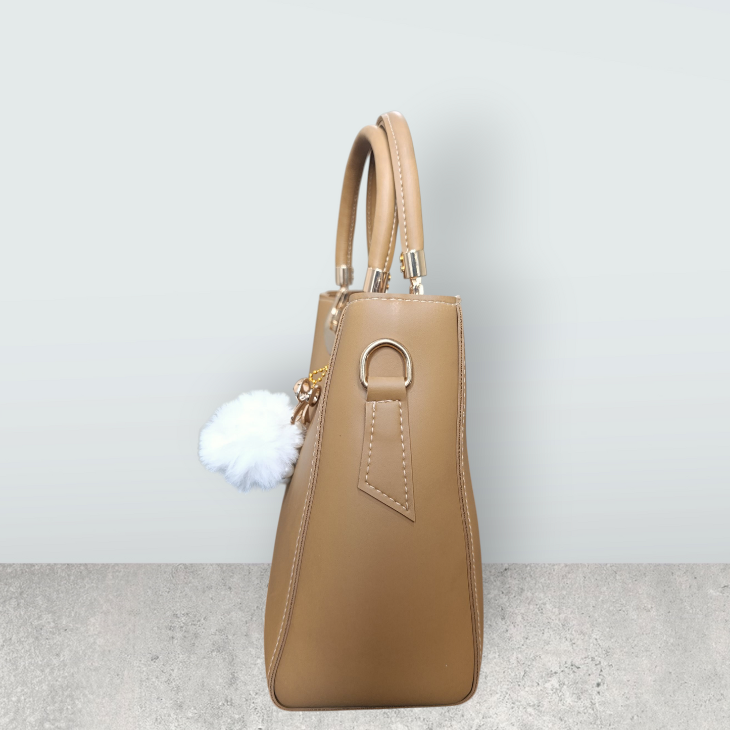 Camel Brown Faux Leather Tote with Pom Pom Charm