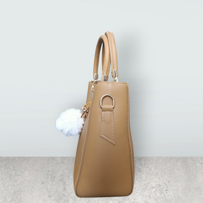 Camel Brown Faux Leather Tote with Pom Pom Charm