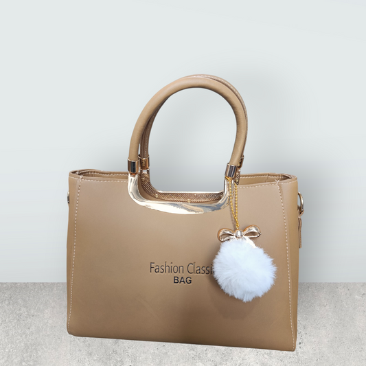 Camel Brown Faux Leather Tote with Pom Pom Charm