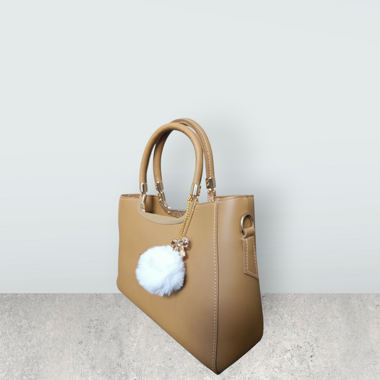 Camel Brown Faux Leather Tote with Pom Pom Charm