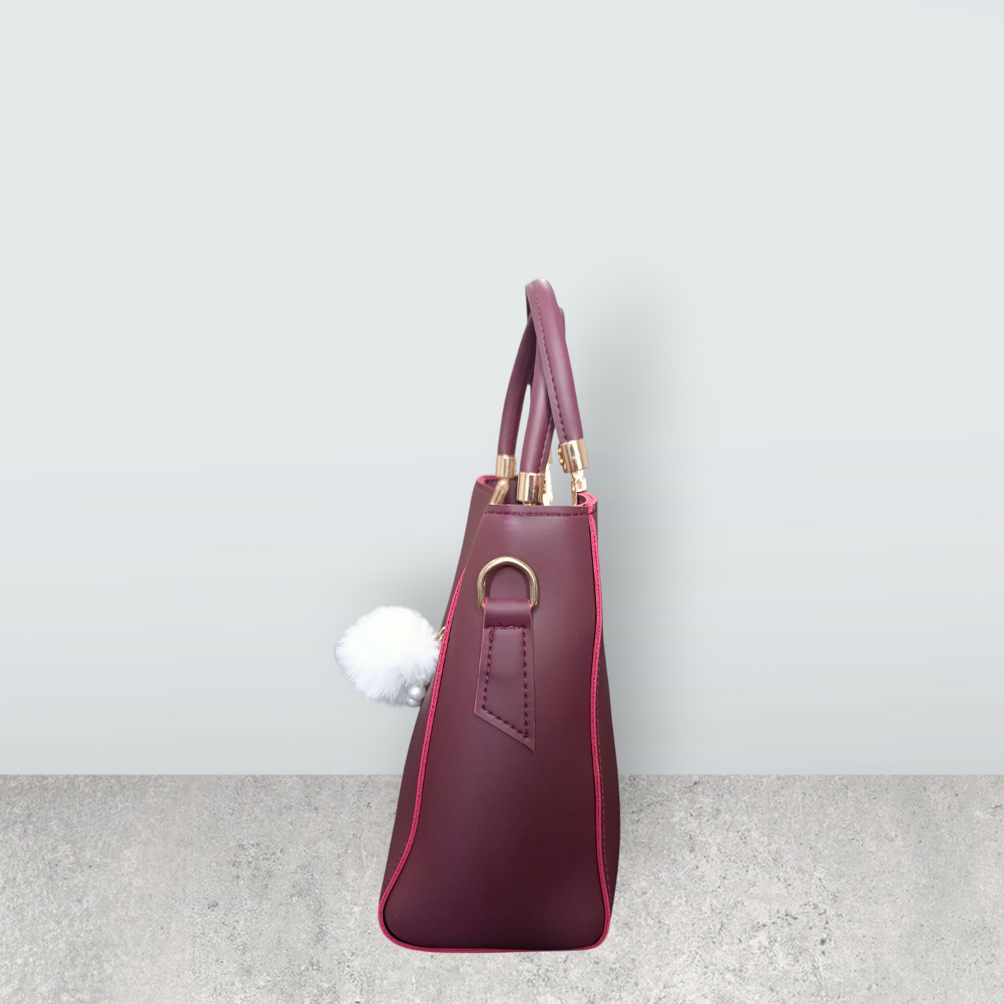 Burgundy Faux Leather Tote with Pom Pom Charm