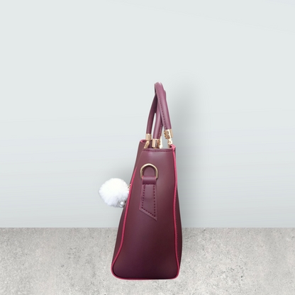 Burgundy Faux Leather Tote with Pom Pom Charm