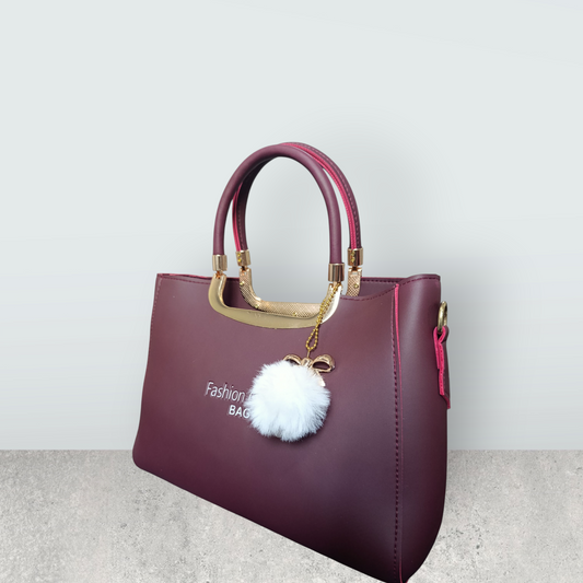 Burgundy Faux Leather Tote with Pom Pom Charm