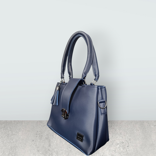 Midnight Blue Faux Leather Tote with Tassel Charm