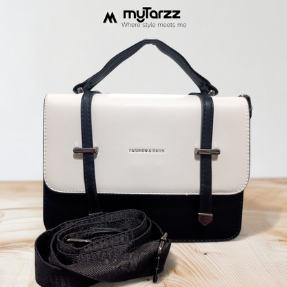 Two-Tone White and Black Faux Leather Satchel - Imported