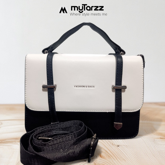 Two-Tone White and Black Faux Leather Satchel - Imported
