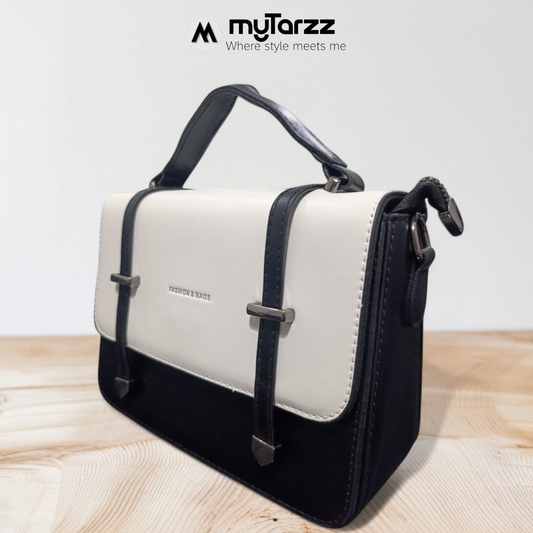 Two-Tone White and Black Faux Leather Satchel - Imported