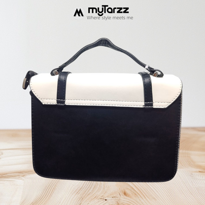 Two-Tone White and Black Faux Leather Satchel - Imported