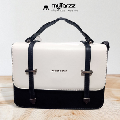 Two-Tone White and Black Faux Leather Satchel - Imported