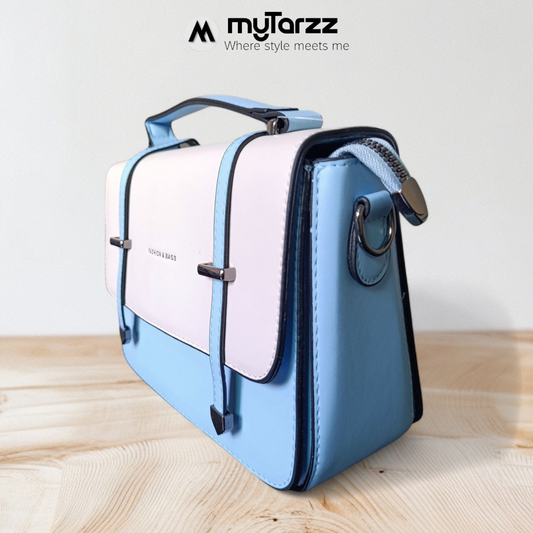 Two-Tone Pastel White and Blue Faux Leather Satchel - Imported