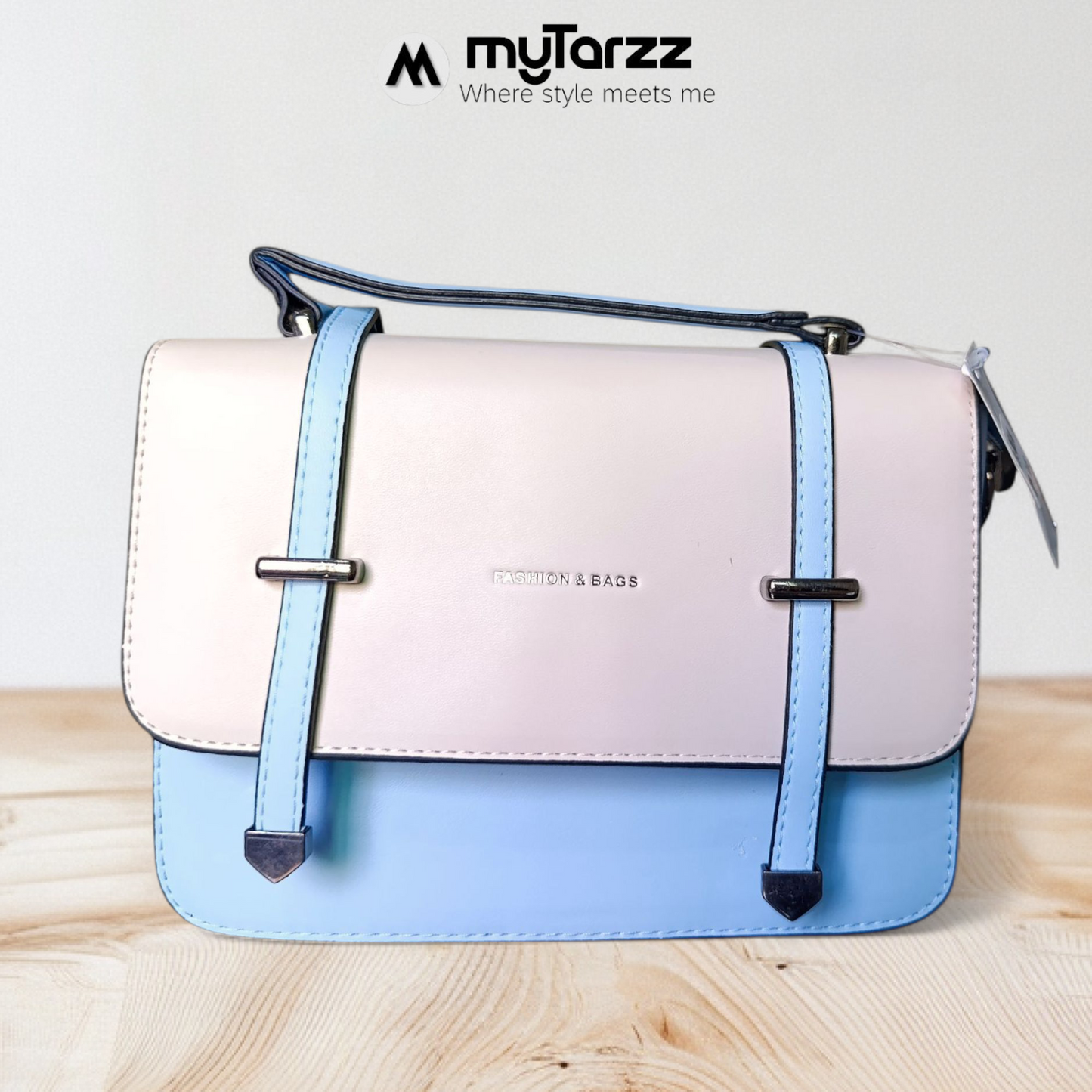 Two-Tone Pastel White and Blue Faux Leather Satchel - Imported