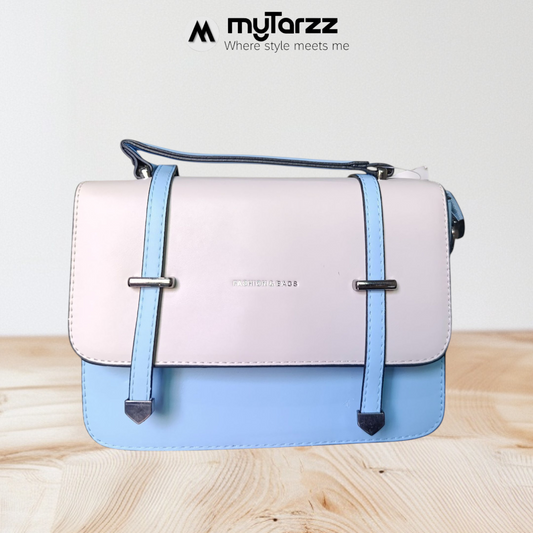Two-Tone Pastel White and Blue Faux Leather Satchel - Imported