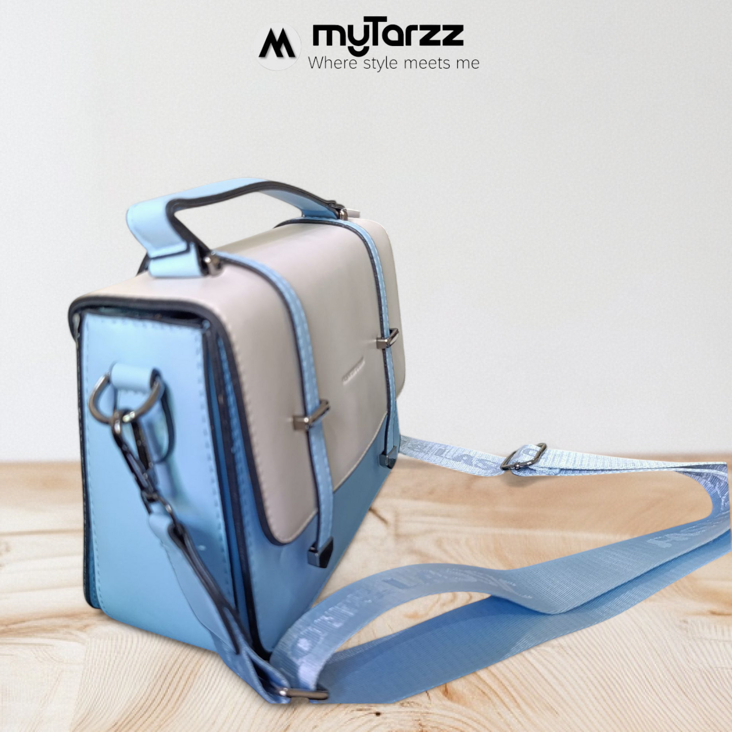 Two-Tone Pastel White and Blue Faux Leather Satchel - Imported