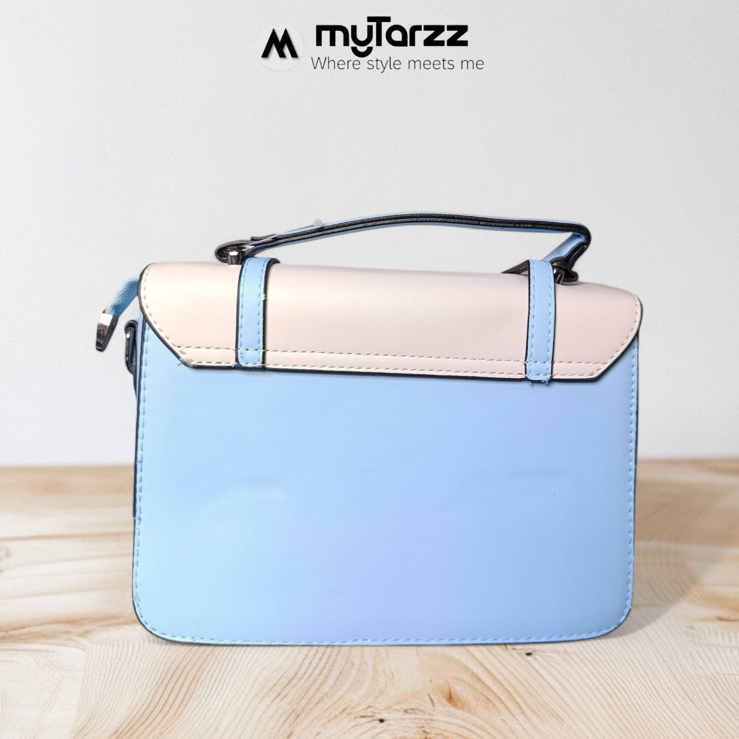 Two-Tone Pastel White and Blue Faux Leather Satchel - Imported