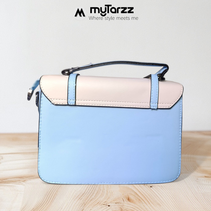 Two-Tone Pastel White and Blue Faux Leather Satchel - Imported