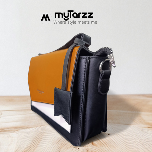 Tri-Tone Faux Leather Satchel with Rust Sleek Flap - Imported