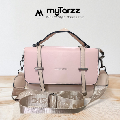 Two-Tone Pink and Taupe Faux Leather Satchel - Imported