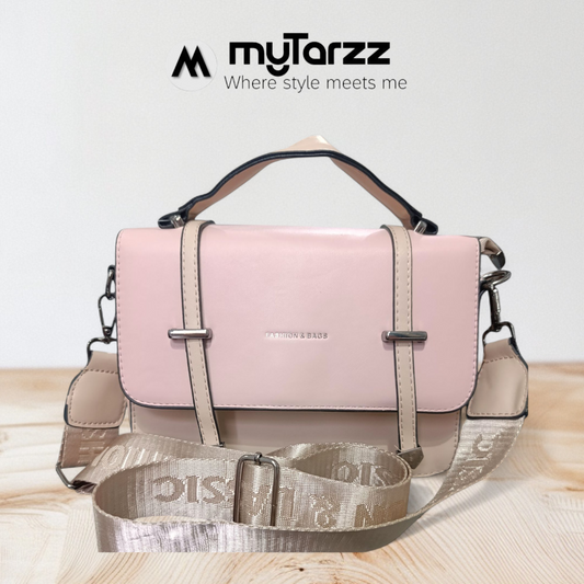Two-Tone Pink and Taupe Faux Leather Satchel - Imported