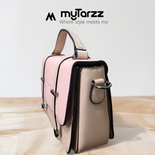 Two-Tone Pink and Taupe Faux Leather Satchel - Imported