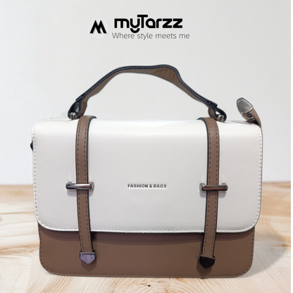 Two-Tone White and Taupe Faux Leather Satchel - Imported