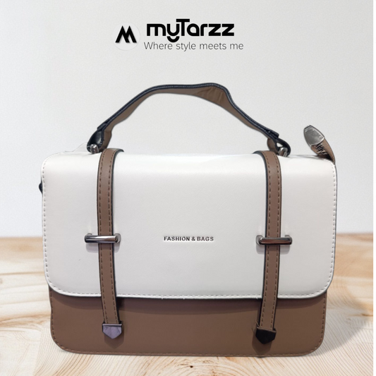Two-Tone White and Taupe Faux Leather Satchel - Imported