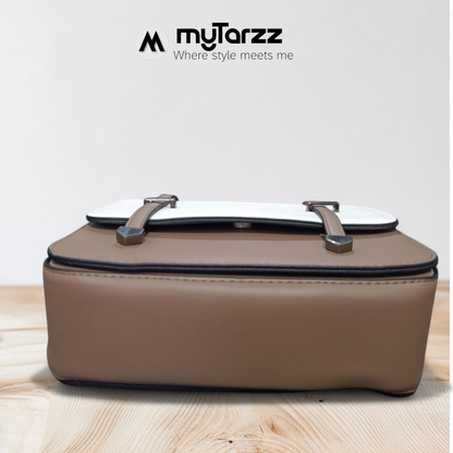 Two-Tone White and Taupe Faux Leather Satchel - Imported