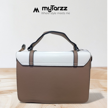 Two-Tone White and Taupe Faux Leather Satchel - Imported