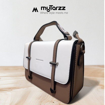 Two-Tone White and Taupe Faux Leather Satchel - Imported
