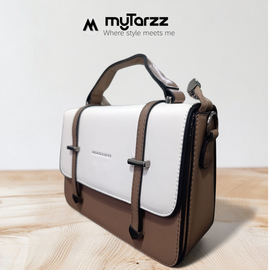Two-Tone White and Taupe Faux Leather Satchel - Imported