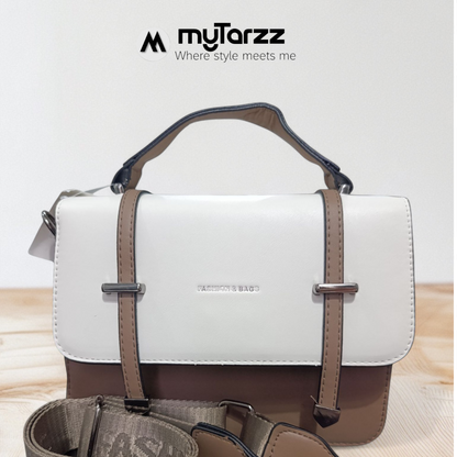 Two-Tone White and Taupe Faux Leather Satchel - Imported