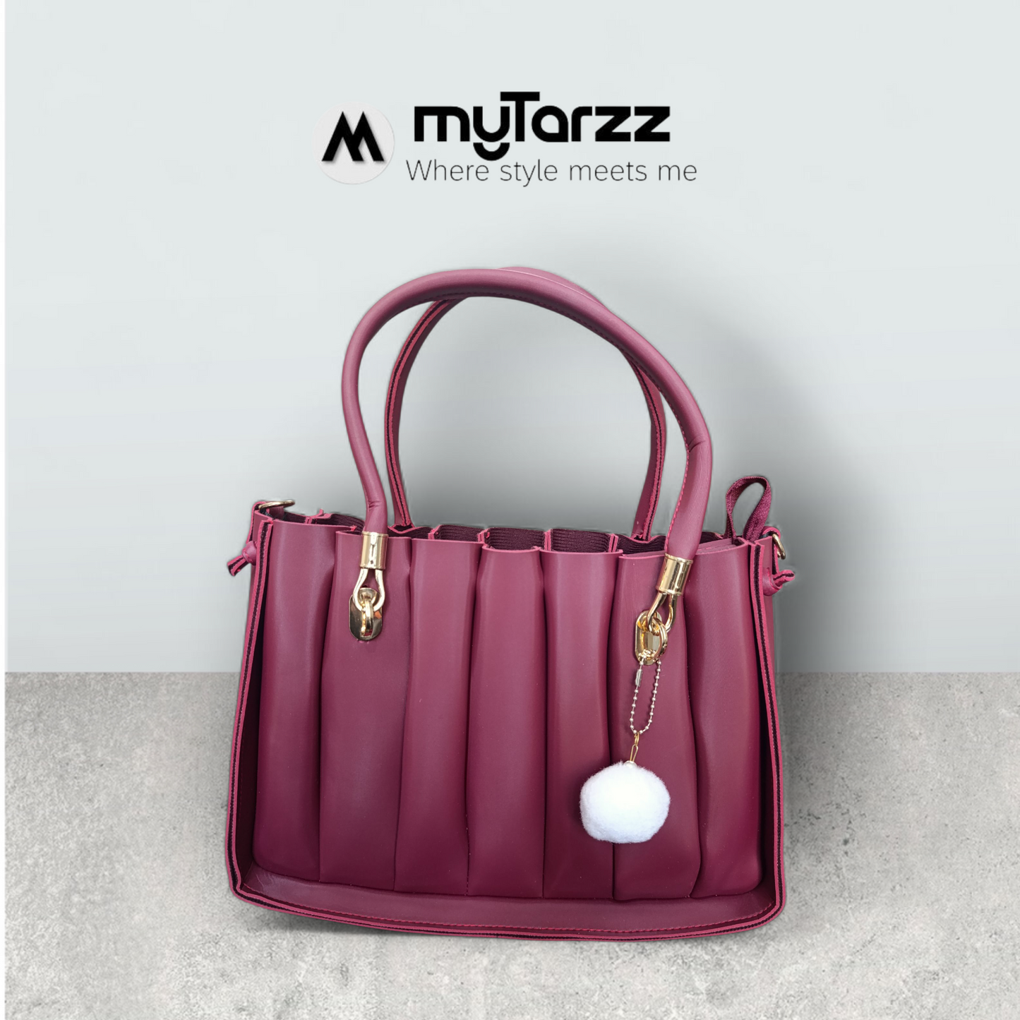 Pleated Burgundy Tote with Pom Pom Charm