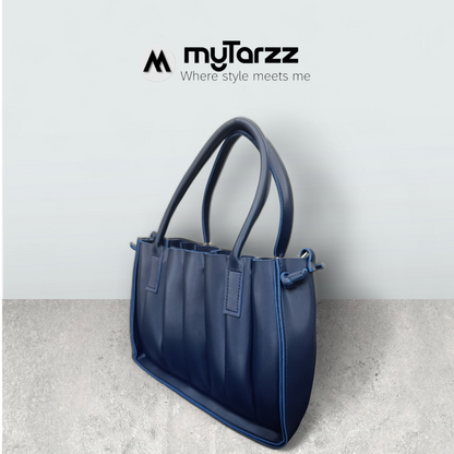 Pleated Midnight Blue Tote with Pom Pom Charm