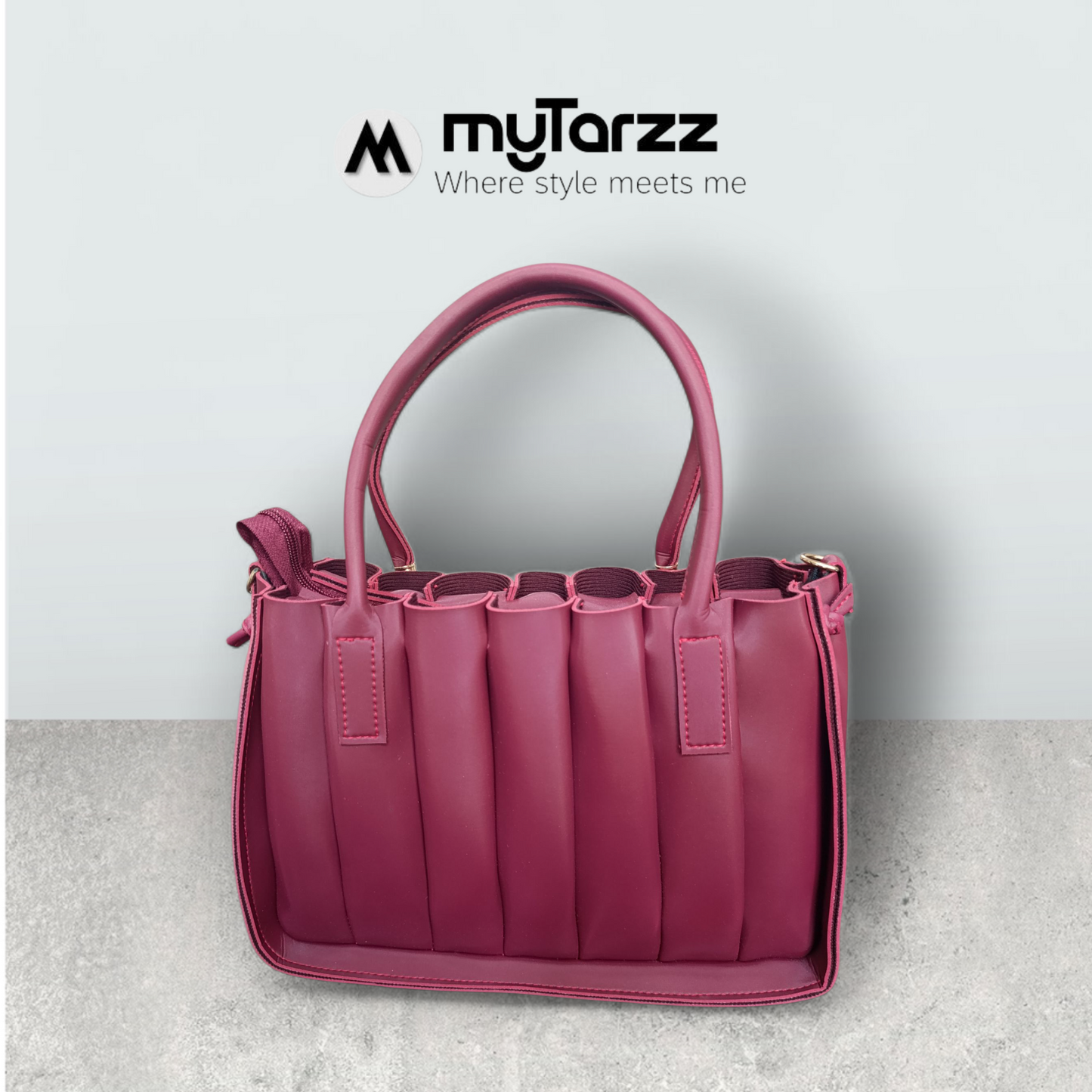 Pleated Burgundy Tote with Pom Pom Charm