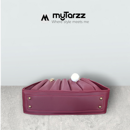 Pleated Burgundy Tote with Pom Pom Charm