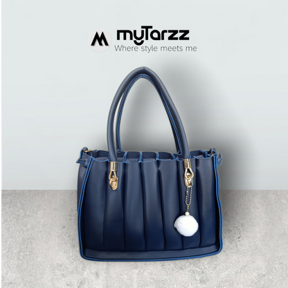 Pleated Midnight Blue Tote with Pom Pom Charm
