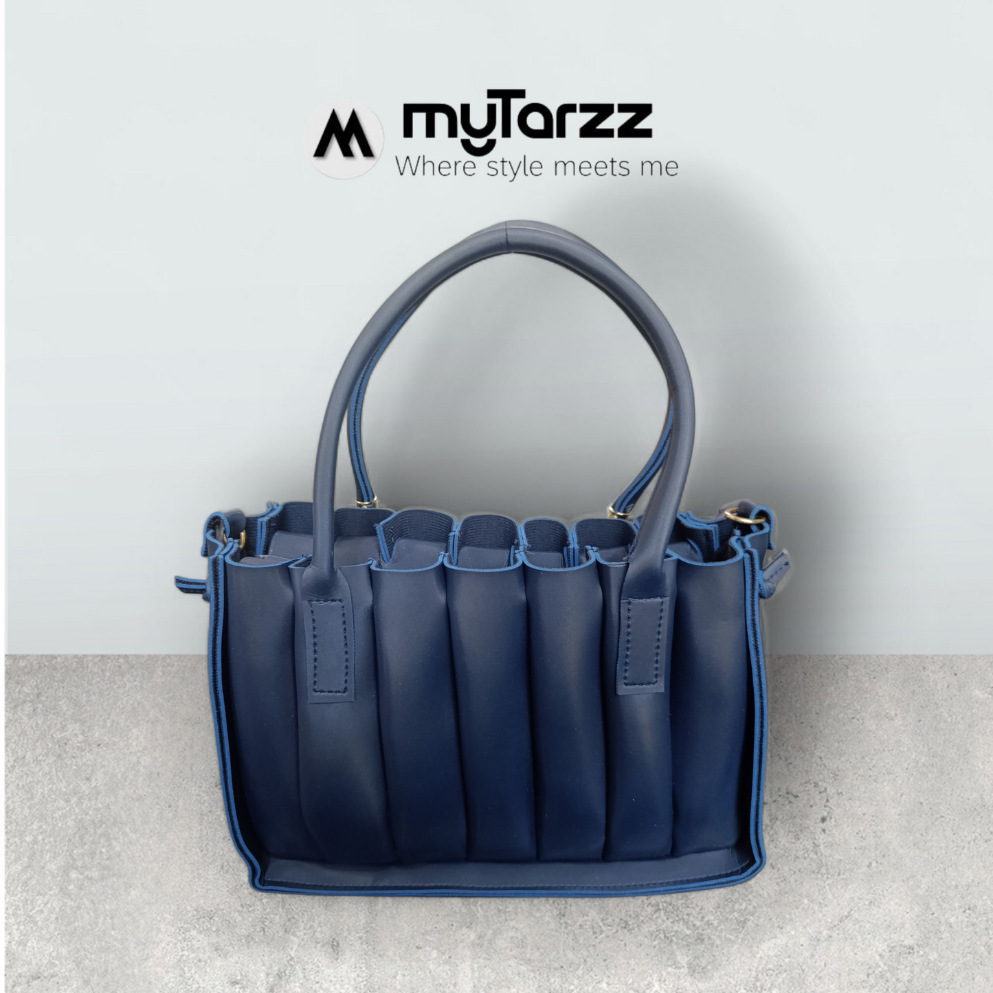 Pleated Midnight Blue Tote with Pom Pom Charm