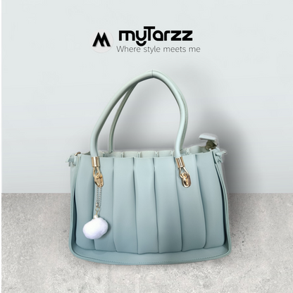 Pleated Pastel Aqua Tote with Pom Pom Charm