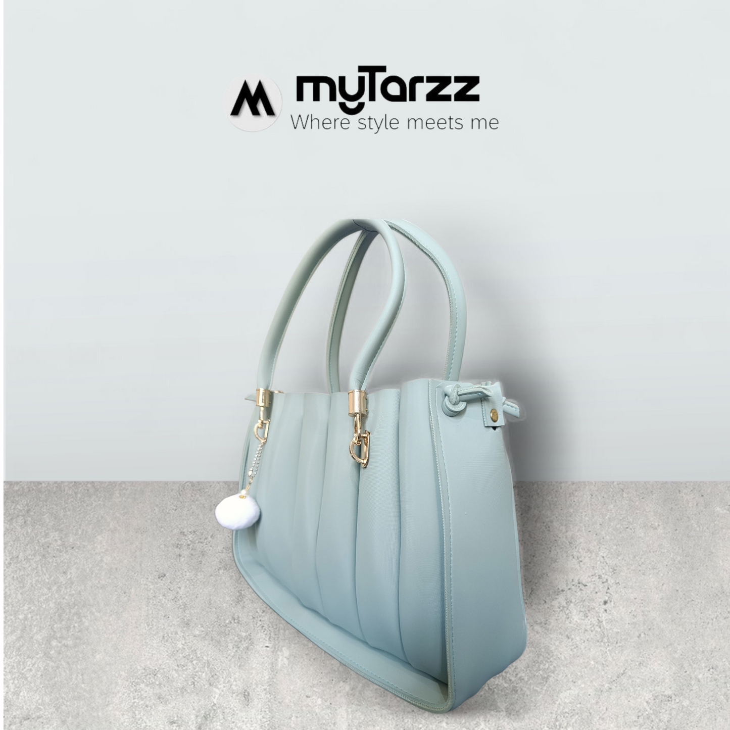 Pleated Pastel Aqua Tote with Pom Pom Charm