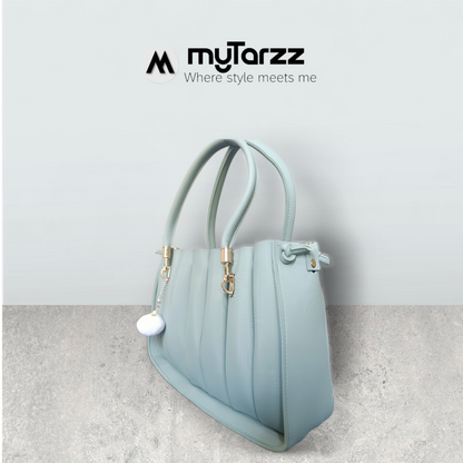 Pleated Pastel Aqua Tote with Pom Pom Charm