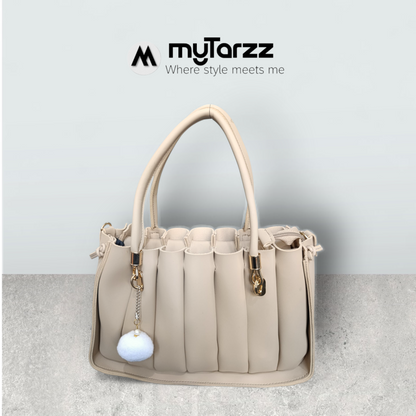 Pleated Cream Tote with Pom Pom Charm