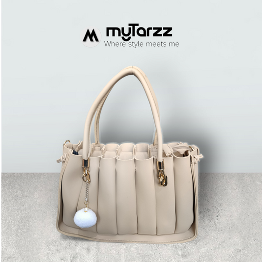 Pleated Cream Tote with Pom Pom Charm