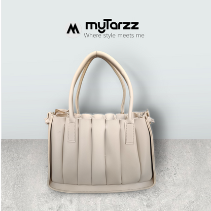 Pleated Cream Tote with Pom Pom Charm