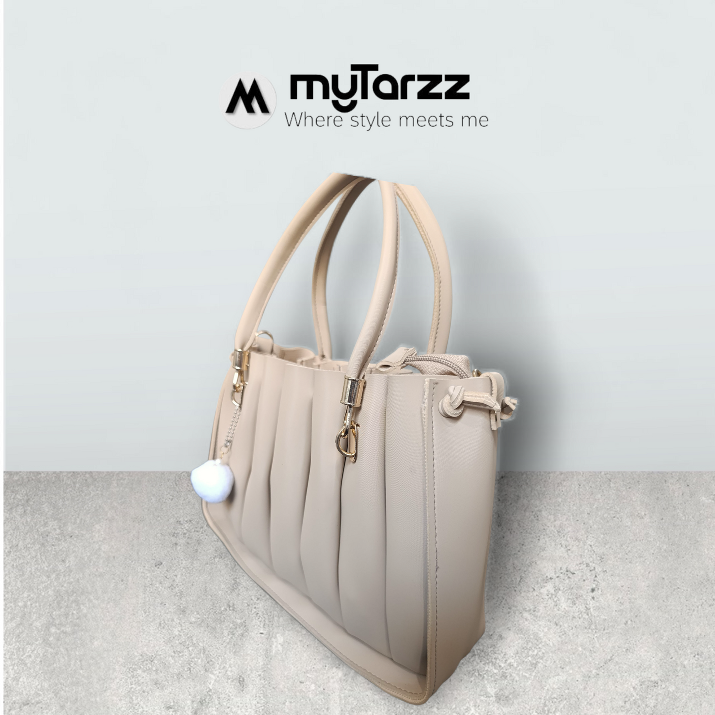 Pleated Cream Tote with Pom Pom Charm