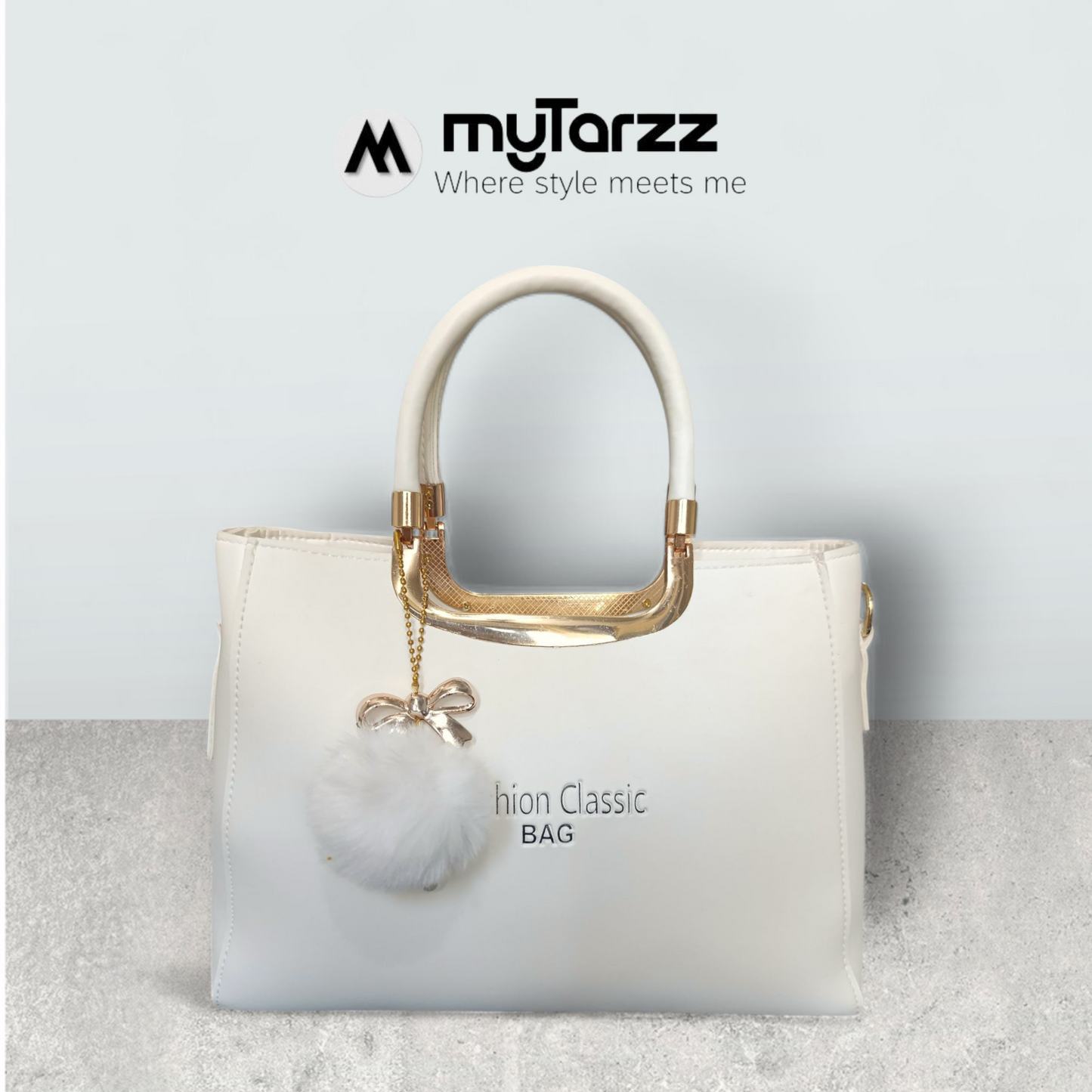 White Faux Leather Tote with Pom Pom Charm