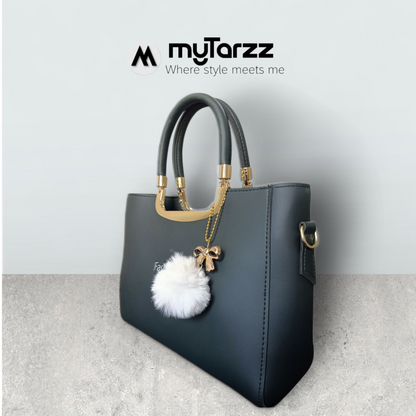 Jet Black Faux Leather Tote with Pom Pom Charm